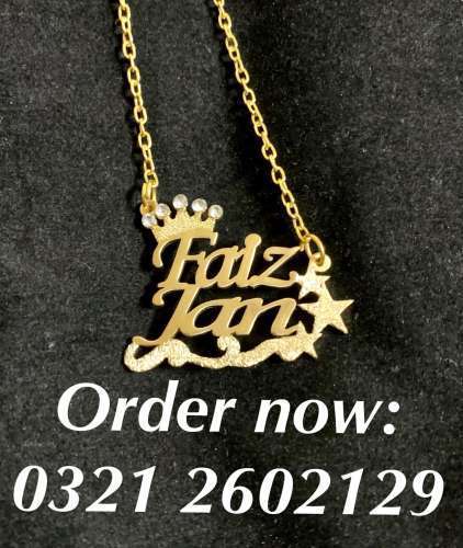 Name necklace and jewellery rings coatpin cufflinks locket with 24 karat gold pl