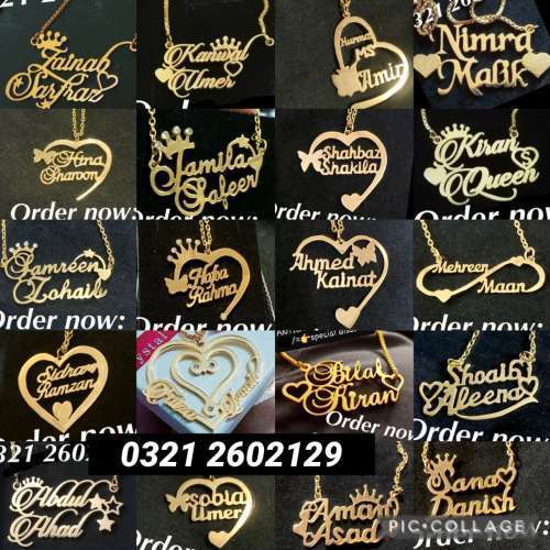 Name necklace and jewellery rings coatpin cufflinks locket with 24 karat gold pl