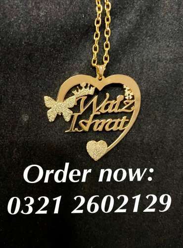 Name necklace and jewellery rings coatpin cufflinks locket with 24 karat gold pl