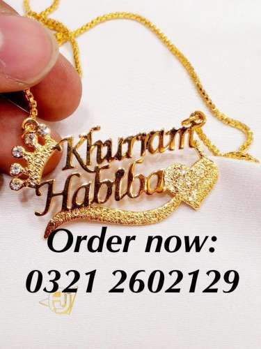 Name necklace and jewellery rings coatpin cufflinks locket with 24 karat gold pl