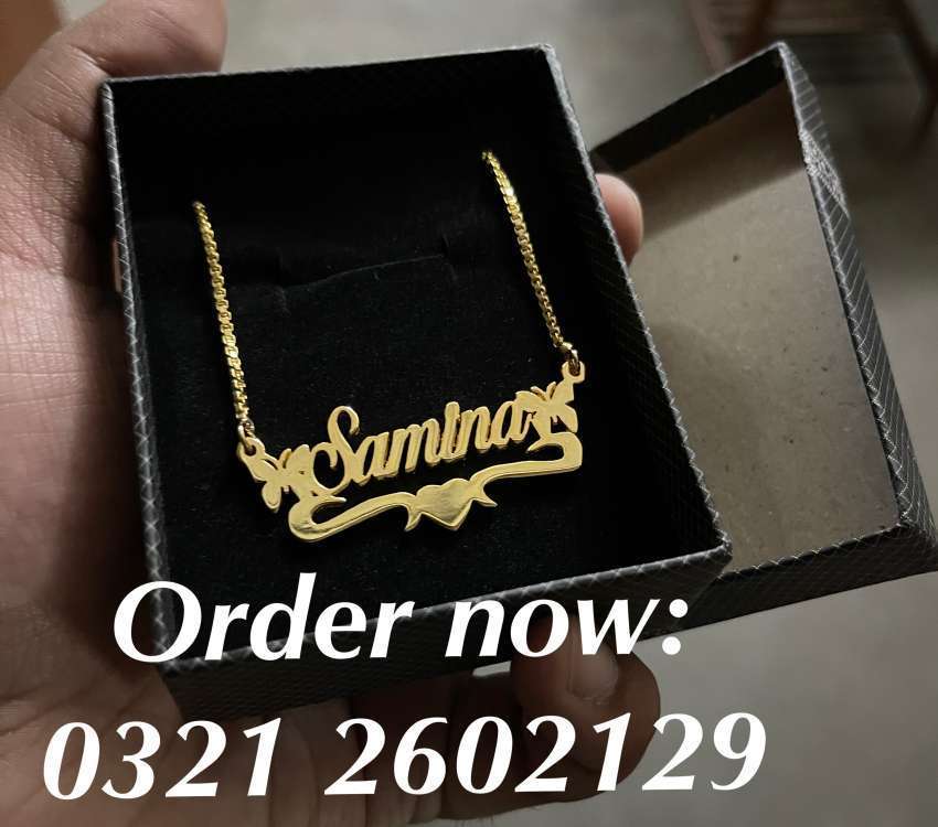 Name necklace and jewellery rings coatpin cufflinks locket with 24 karat gold pl