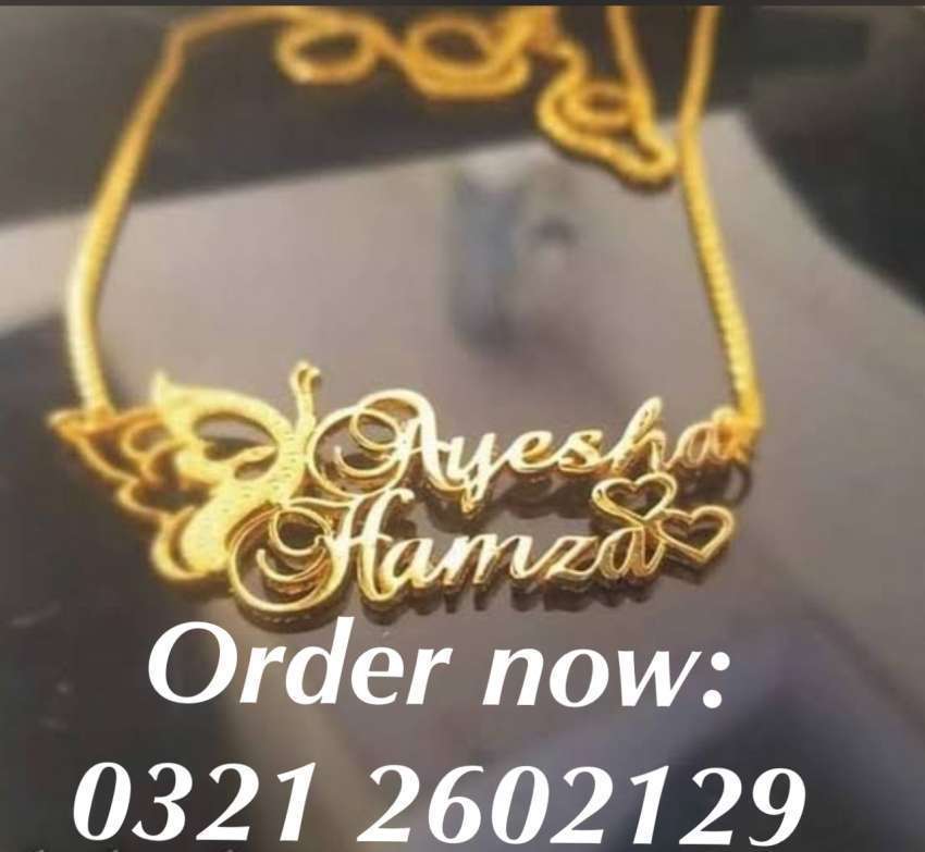 Name necklace and jewellery rings coatpin cufflinks locket with 24 karat gold pl